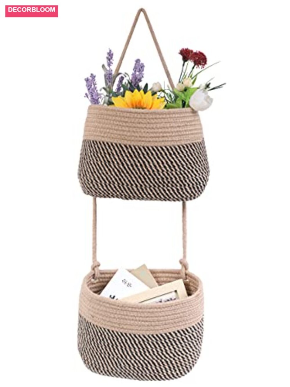 2 Tier Cotton Rope Woven Over Door Hanging Storage Organizer Basket for Living